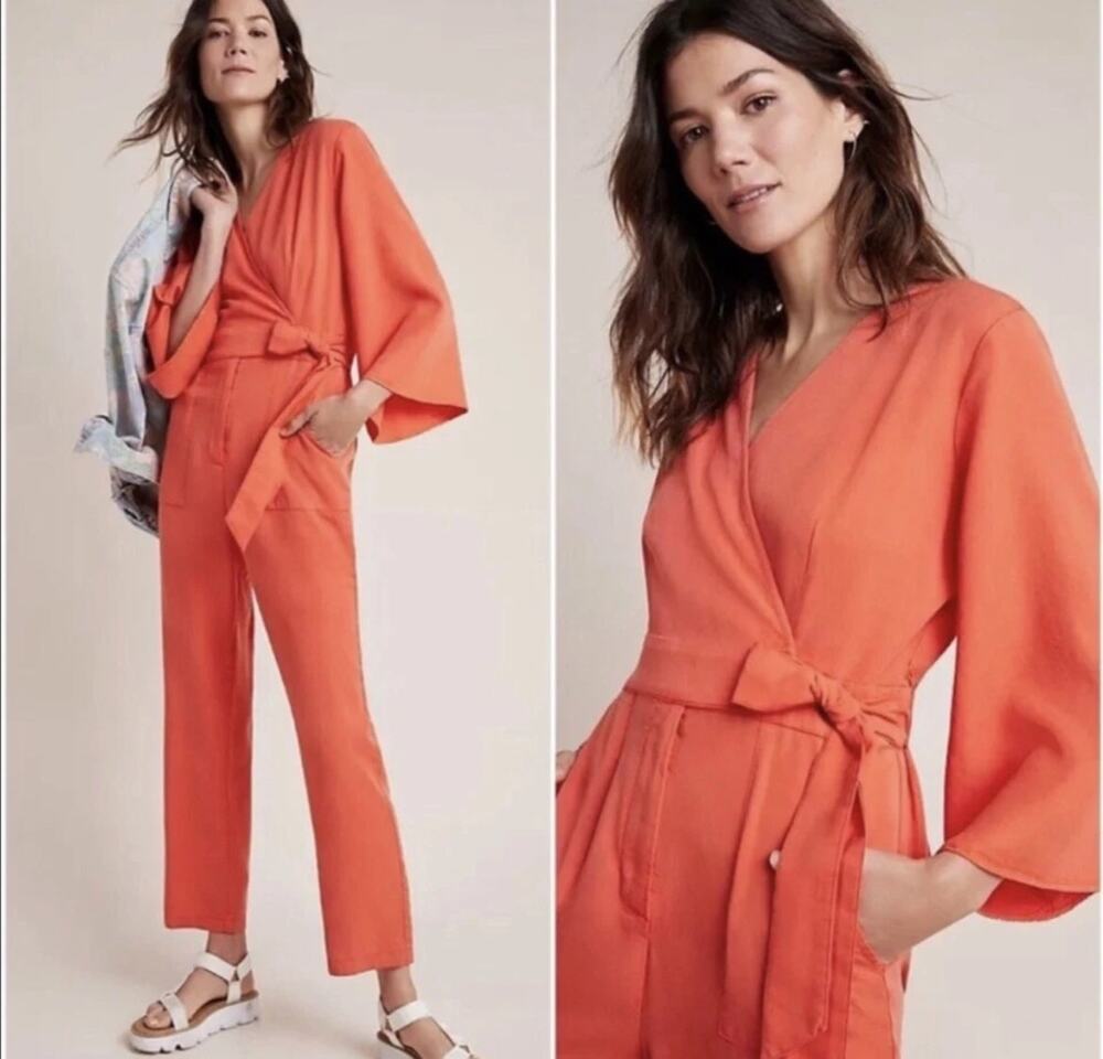 Amadi Anthropologie: One Piece Jumpsuit Women XS Orange Belted V-Neck